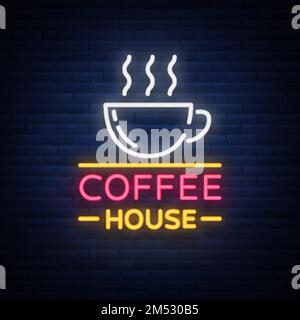 Neonschild für Kaffee, Logo, leuchtendes Emblem, Vektorgrafik für Ihr Unternehmen. Ein helles Schild, das Kaffee und heiße Getränke anbietet. Stock Vektor