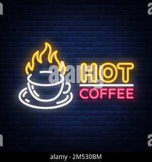 Neonschild für Kaffee, Logo, leuchtendes Emblem, Vektorgrafik für Ihr Unternehmen. Ein helles Schild, das Kaffee und heiße Getränke anbietet. Stock Vektor