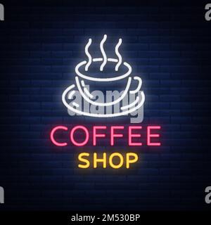 Kaffee Neonschild Logo Vektorzeichnung, Emblem im Neonstil, helles Nachtschild, Nachtwerbung für Kaffee. Stock Vektor