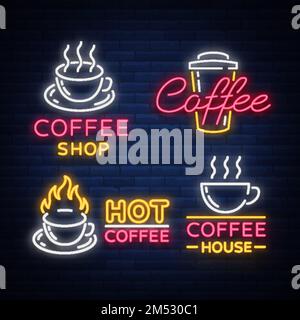 Set aus Vektor-Kaffeeelementen und Zubehör für Kaffee. Kaffee-Logos, Embleme im Neon-Stil, keine Werbung für Kaffee. Leuchtendes Schild, fast Stock Vektor