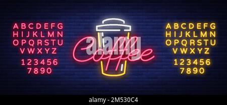 Kaffee Neonschild Logo Vektorzeichnung, Emblem im Neonstil, helles Nachtschild, Nachtwerbung für Kaffee. Text-Neonzeichen bearbeiten. Neonalphab Stock Vektor
