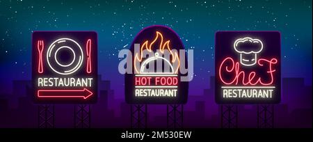 Logos, Etiketten für das Restaurant, das Esszimmer, das Essen. Logos, Schilder im Neonstil. Leuchtende Schilder, helle Banner, Nachtwerbung. Stock Vektor