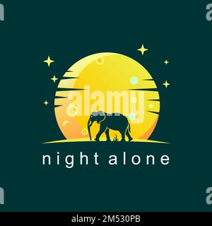 Ein einfacher und einzigartiger Elefant allein mit Nacht- oder Mondhintergrund grafisches Logo abstraktes Konzept Vektormaterial. Symbol für Tiere oder Wildtiere Stock Vektor