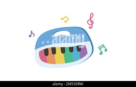 Baby-Klavier-Clipart. Einfaches, niedliches Kinderspielzeugpiano mit farbenfroher flacher Vektordarstellung der Tastatur. Batteriebetriebenes Klavier mit sieben Schlüsseln im Cartoon-Stil Stock Vektor