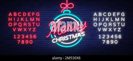 Frohe weihnachten und ein Frohes neues Jahr. Grußkarte oder Einladungsmuster im Neonstil. Leuchtendes Neonschild, leuchtendes Banner. Vektorvinta Stock Vektor