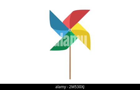 Farbenfrohes Drehrad. Einfaches niedliches Papierrad mit 4 Klingen Flachvektordarstellung isoliert auf Weiß. Farbige Windturbine für Kinder Stock Vektor
