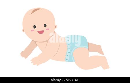 Lächelnde, krabbelnde Baby-Clipart. Einfaches niedliches Lächeln Baby trägt Windel flacher Vektor. Fröhliches Baby, das auf dem Boden krabbelt Stock Vektor