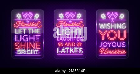 Happy Hanukka, eine Grußkartensammlung im Neonstil. Vektordarstellung. Neonlichter Text zum Thema Chanukah. Helles Banner, Luminou Stock Vektor