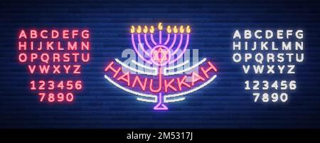 Vektorhintergrund von Chanukah mit Menorah und Davidstern. Neonschild Happy Zeichen von Hanukka. Eine elegante Grußkarte, ein Hanukka-Symbol, eine Vorlage. Stock Vektor