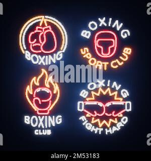 Logos des Boxing Sports Club in Neonfarben, Vektordarstellung. Sammlung von Neonschildern, Emblemen, Symbolen für eine Sportanlage auf einem Boxplatz Stock Vektor