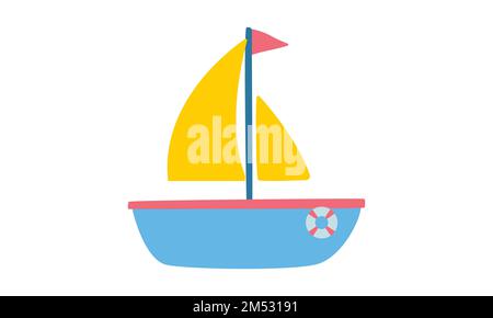 Süßer Cartoon-Segelboot-Clipart. Einfache Segelboot-Flachvektordarstellung. Minimalistisches Boot mit Segel, Flagge und Zeichentrickfilm-Ikone. Babyboot Stock Vektor