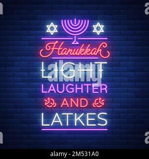 Happy Hanukka, eine Grußkarte im Neonstil. Vektordarstellung. Neonlichter Text zum Thema Chanukah. Leuchtendes Banner, leuchtende festliche s Stock Vektor