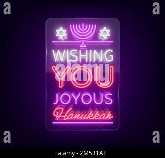 Happy Chanukka, Grußkarte im Neonstil. Vektordarstellung. Neonlichter Text zum Thema Chanukah. Leuchtendes Banner, leuchtendes festliches Signal Stock Vektor