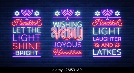 Happy Hanukka, eine Grußkartensammlung im Neonstil. Vektordarstellung. Neonlichter Text zum Thema Chanukah. Helles Banner, Luminou Stock Vektor