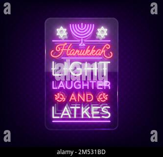 Happy Chanukka, Grußkarte im Neonstil. Vektordarstellung. Neonlichter Text zum Thema Chanukah. Leuchtendes Banner, leuchtendes festliches Signal Stock Vektor