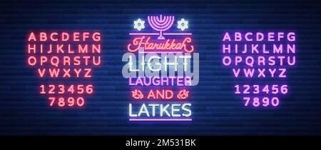 Happy Hanukka, eine Grußkarte im Neonstil. Vektordarstellung. Neonlichter Text zum Thema Chanukah. Leuchtendes Banner, leuchtende festliche s Stock Vektor