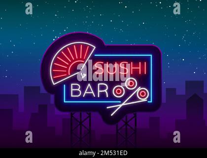 Sushi-Bar mit Neon-Logo, asiatische Fast-Food-Straße in einer Bar oder einem Geschäft, Sushi, Onigiri mit Lachsrolle und Essstäbchen, isoliert. Nacht Sashis br Stock Vektor