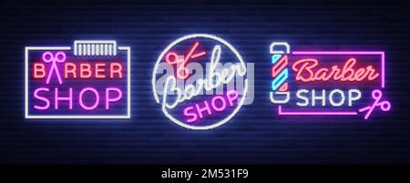 Vector Collection Logos Neonschild Friseur Shop für dein Design. Für ein Etikett, ein Schild, ein Schild oder eine Anzeige. Hipster Man, Friseurlogo. Neon-bi Stock Vektor