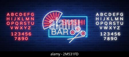 Sushi-Logo in Neonfarben. Helles Neonschild mit Text ist isoliert. Helle Reklametafeln, Restaurantwerbung mit japanischem Sushi. Vecto Stock Vektor