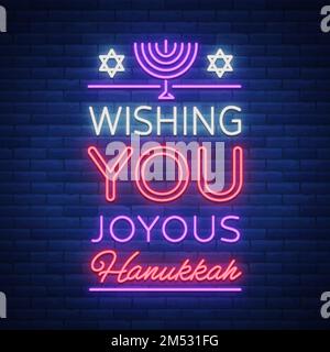 Happy Hanukka, eine Grußkarte im Neonstil. Vektordarstellung. Neonlichter Text zum Thema Chanukah. Leuchtendes Banner, leuchtende festliche s Stock Vektor