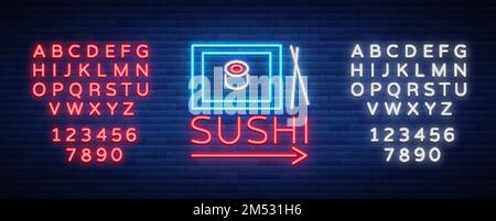 Sushi-Bar mit Neon-Logo, asiatische Fast-Food-Straße in einer Bar oder einem Geschäft, Sushi, Onigiri mit Lachsrolle und Essstäbchen, isoliert. Lichtadvertis Stock Vektor