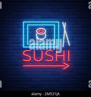 Sushi-Logo in Neonfarben. Helles Neonschild mit Text ist isoliert. Meeresfrüchte, japanische Küche. Helle Reklametafeln, Restaurant-Werbeleiste von Ja Stock Vektor