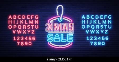 Weihnachtsverkäufe, Neonschild, Werbung für fröhliche Rabatte. Neujahrsverkauf, leichtes Banner. Weihnachtsrabatte, Flyer für Ihr Projekt Stock Vektor