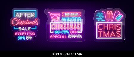 Weihnachtsverkäufe, Kollektion Neonschilder mit bunten festlichen Rabatten. Kartensatz Neujahrsverkäufe, ein leuchtendes Banner. Winterrabatte, f Stock Vektor