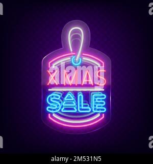 Weihnachtsangebot, Plakat mit weihnachtsrabatt, Flyer-Karte in Neonfarben. Neon-Design-Text für Neujahrsrabatt. Festliches Winterangebot, helles Werbebanner. Nein Stock Vektor