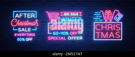 Weihnachtsverkäufe, Kollektion Neonschilder mit bunten festlichen Rabatten. Kartensatz Neujahrsverkäufe, ein leuchtendes Banner. Winterrabatte, f Stock Vektor