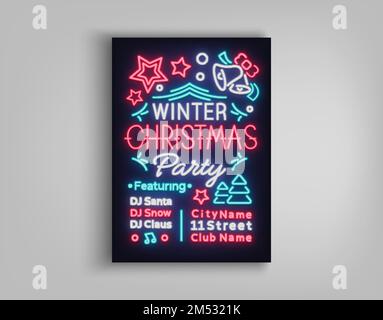 Einladung zur Weihnachtsfeier, Broschüre, Poster. Fröhliche Weihnachten, Weihnachtskarte im Neon-Stil. Postkarte, Flyer, leuchtend heiliges Banner, Neonwerbung für Stock Vektor