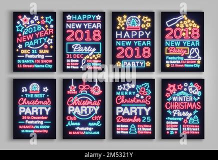 Frohe Weihnachten und Neujahr 2018 – Poster-Vektorabbildung. Neonzeichen. Sammlung von Broschüren, Prospekten, Karten im Neondesign invi Stock Vektor
