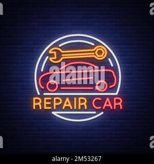 Autoservice Reparatur Logo Vektor, Neonschild Emblem. Vektordarstellung, Autoreparatur, glänzendes Schild für Garage für Autoreparatur. Ein flammendes Banner, eine Night Stock Vektor