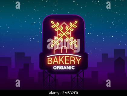 Bio-Logo der Bäckerei, frisches Brot, Brot. Vektorbild über Backwaren, Backwaren, Süßwaren. Natürliches Backen. Neonschild, lebendige Werbung, leuchtende s Stock Vektor