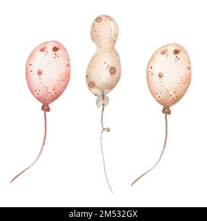 Wasserfarbenes, niedliches Partyballons-Clipart-Set. Geburtstagsabbildung für Kinder, Kartendesign für Kinder Stockfoto