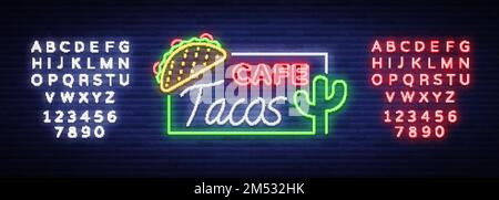 Taco-Logo-Vektor. Neonschild auf mexikanischem Essen, Tacos, Street Food, Fast Food, Snack. Leuchtende Neon-Plakate, jede Nacht leuchtende Tacos, mexikanisches Essen, Stock Vektor