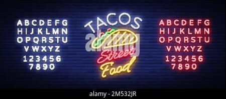 Tacos-Logo in Neonfarben. Neonschild, helles Plakat, abendliche Werbung für mexikanisches Essen Taco. Mexikanisches Street Food. Vektorgrafik für Ihren Profi Stock Vektor