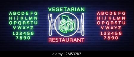 Logo für vegetarisches Restaurant. Neonschild, veganisches Symbol, leuchtendes Schild, Neonwerbung, vegetarisches Essen, Gesunde Bio-Lebensmittel, Gemüse, Frui Stock Vektor