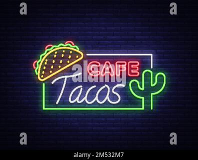 Tacos-Logo in Neonfarben. Neonschild, Symbol, leuchtendes Plakat, nächtliche Werbung für mexikanisches Essen Taco. Mexikanisches Street Food, Fast Food. Vektorbeleuchtung Stock Vektor