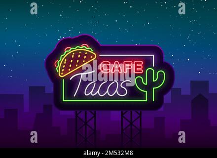 Tacos-Logo in Neonfarben. Neonschild, Symbol, leuchtendes Plakat, nächtliche Werbung für mexikanisches Essen Taco. Mexikanisches Street Food, Fast Food. Vektorbeleuchtung Stock Vektor