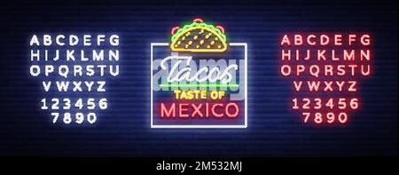 Taco-Logo-Vektor. Neonschild auf mexikanischem Essen, Tacos, Street Food, Fast Food, Snack. Leuchtende Neon-Plakate, jede Nacht leuchtende Tacos, mexikanisches Essen, Stock Vektor