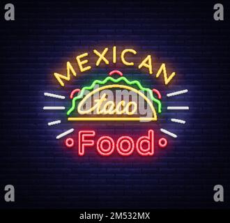 Taco-Logo-Vektor. Neonschild auf mexikanischem Essen Tacos, Street Food, Fast Food, Snack. Leuchtende Neon-Plakate, jede Nacht leuchtende Tacos, mexikanisches Essen, Stock Vektor