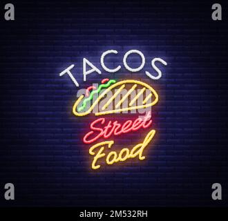 Tacos-Logo in Neonfarben. Neonschild, Symbol, leuchtendes Plakat, nächtliche Werbung für mexikanisches Essen Taco. Mexikanisches Street Food, Fast Food. Vektorbeleuchtung Stock Vektor