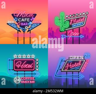 Hotel und Motel sind eine Sammlung von Neonschildern. Vektordarstellung. Sammlung von Retro-Schildern, Reklametafeln mit Angabe des Hotels oder Motels, nig Stock Vektor