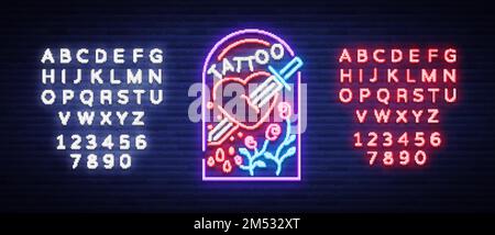 Tattoo Studio-Logo in Neon-Optik. Neonschild, Emblem, ein Symbol des menschlichen Herzens wird durch das Schwert durchbohrt, Neon auf einem Tattoo für den Tattoo-Salon, Studio. Vec Stock Vektor