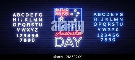 26. Januar am Australientag. Neonschild, leuchtendes Banner, helle Nachtwerbung. Nationale konzeptionelle Grußkarte, Poster-Webbanner-Design. Vect Stock Vektor