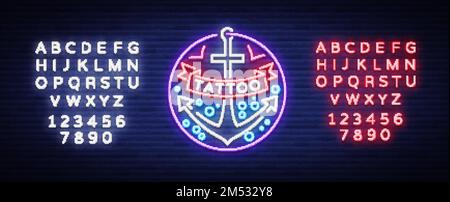 Tattoo-Salon-Logo in Neonfarben. Neonschild, Emblem, Ankersymbol, leuchtendes Plakat, Neonwerbung auf einem Tattoo-Thema, für Tattoo-Salon, Studio. Stock Vektor