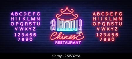 Chinesisches Restaurant ist ein Neonschild. Vektordarstellung chinesischer, asiatischer und exotischer Speisen. Logo, Emblem im Neon-Stil, leuchtende Plakatwand, br Stock Vektor
