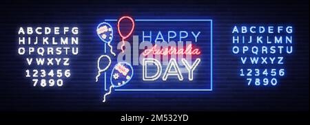 Happy Australia Day Neon-Zeichen-Vektor. Neonbanner, helle Karte, leuchtendes Schild, Nacht Neon Willkommenskarte Happy Australia 26. Januar. Flyer, Design-Templ Stock Vektor