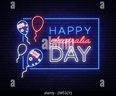 Happy Australia Day Neon-Zeichen-Vektor. Neonbanner, helle Karte, leuchtendes Schild, Nacht Neon Willkommenskarte Happy Australia 26. Januar. Flyer, Design-Templ Stock Vektor